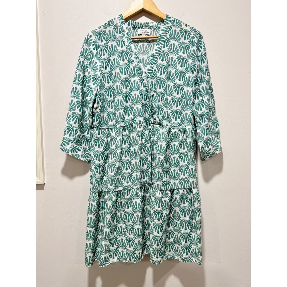 Tahari Arthur S. Levine Green White Fan Print Tiered V-Neck Mini Dress Large